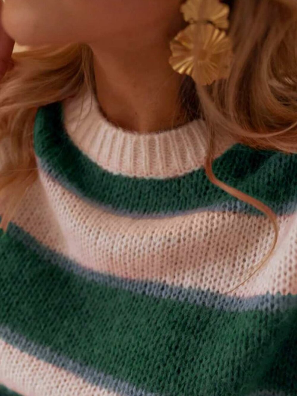 Women's Green White Striped Knit Sweater Long Sleeve Crew Neck Colorblock - Picture 4 of 6